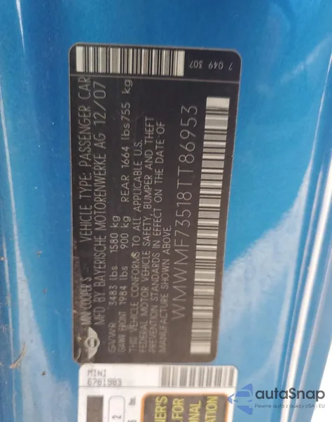 2008 Mini Cooper S из США, поврежденный, VIN WMWMF73518TT86953